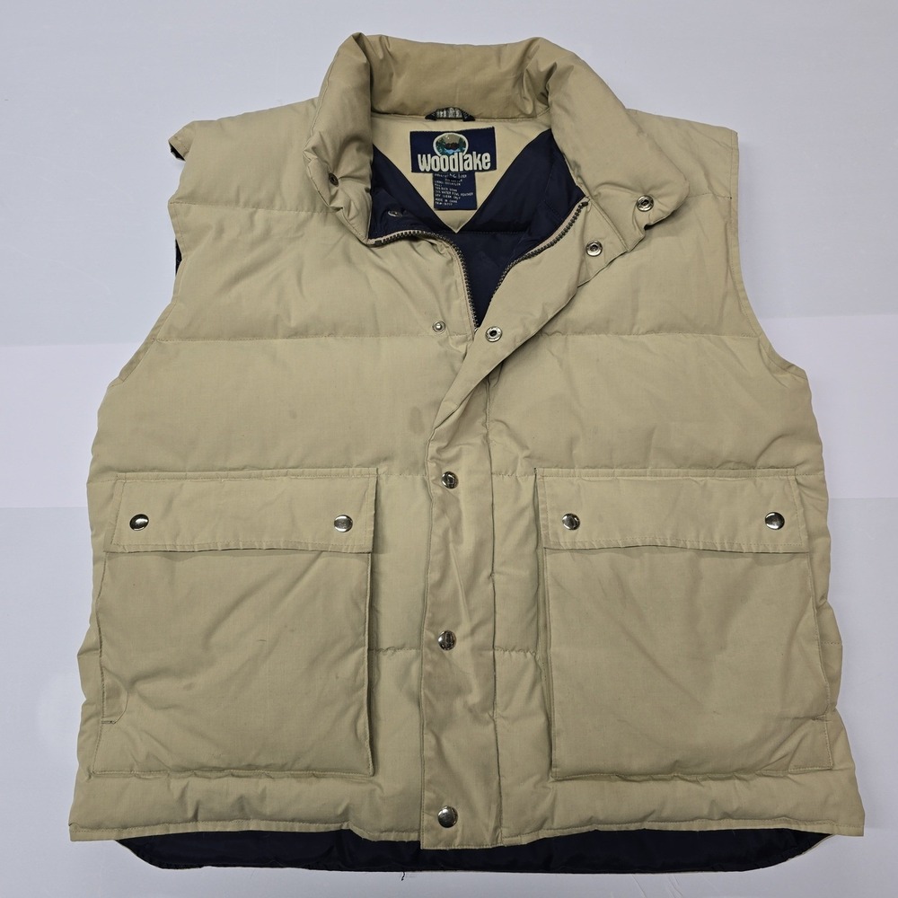 Vintage Woodlake Mens Puffer Vest Tan Insulated Down Feather Outdoor Size L